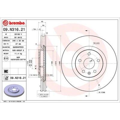 Afbeelding van BREMBO 09.N316.21 Remschijf 345 30 5 interne ventilatie Gecoat High carbon OPEL: Insignia B Sports Tourer, Grand Sport