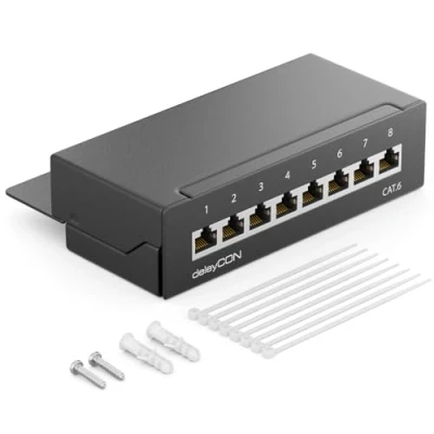 Afbeelding van deleyCON CAT6 patchpaneel, 8 poorten, kantoor en wandmontage, afgeschermd, x RJ45, TIA568A TIA568B, zwart