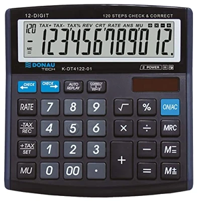 Afbeelding van DONAU TECH/K DT4122 01 bureaurekenmachine, 12 cijfers, wortelfunctie, 136 x 134 28 mm, zwart, rekenmachine met cijferige weergave, stroomvoorziening op zonne energie, werkt batterijen, design