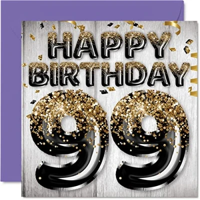 Afbeelding van Stuff4 Verjaardagskaart voor heren, 99 jaar, glitterballonnen, zwart, goud, verjaardagskaarten papa, overgrootvader, opa, 145 mm x