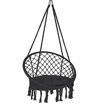 Afbeelding van VOUNOT Hangstoel met franjes en comfortabel zitkussen, diameter 80 cm, schommelstoel voor binnen buiten, zwart