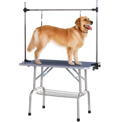 Afbeelding van Pawhut Trimmtisch dierenonderhoudstafelkleed met onderkorf voor honden, in hoogte verstelbaar, inklapbaar, roestvrij staal, blauw, 107 x 60 170 cm