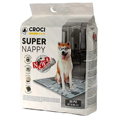 Afbeelding van Croci Super Nappy Newspaper Toiletmat voor honden, 57 x 84 cm, 30 stuks, dwarsstang honden en huisdieren, kattenplassen, extreem absorberend, wegwerpbaar, scheurvast