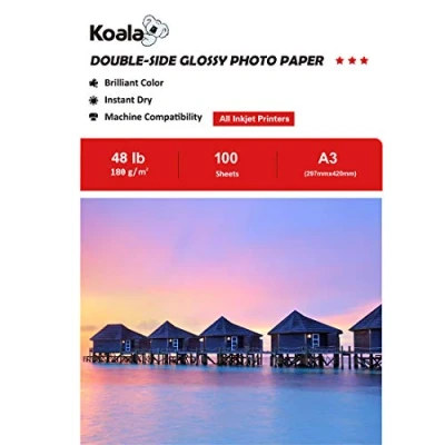 Afbeelding van KOALA 100 vellen dubbelzijdig glanzend fotopapier voor inkjetprinters, DIN A3, 180 g/m², geschikt het afdrukken van foto&#039;s, brochures, dekens, certificaten,