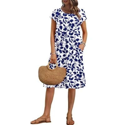 Afbeelding van AUSELILY Casual zomerjurk met korte mouwen en ronde hals zakken voor dames, Marineblauwe bladeren, XL