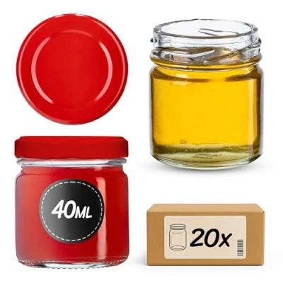 Afbeelding van KADAX Weck Set van 20 mini weckpotten, 40 ml, ronde glazen potten met schroefdeksel, om te proeven, jam, honing, rood deksel