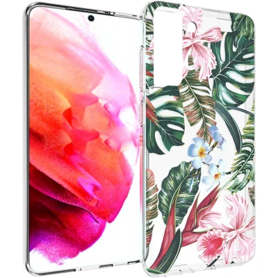 Afbeelding van iMoshion hoesje Geschikt voor Samsung Galaxy S21 FE Siliconen Design Groen / Roze Tropical Jungle
