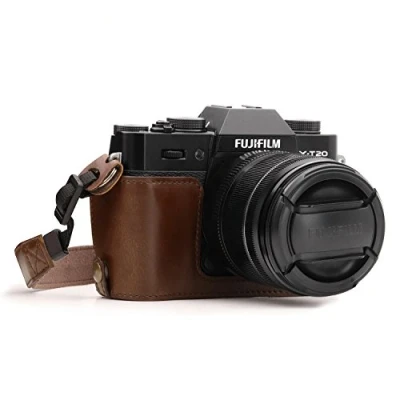 Afbeelding van MegaGear Ever Ready Halve leren tas met schouderriem, compatibel Fujifilm X T30, T20, T10, Donkerbruin, Modern