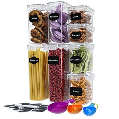 Afbeelding van WELLGRO Set van 8 vershouddozen met etiketten, krijtstift en maatlepels, voorraaddozen deksel, BPA vrij, luchtdicht, vaatwasmachinebestendig