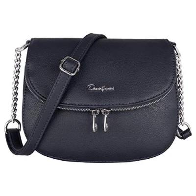 Afbeelding van David Jones Kleine Tas voor dames Schoudertas met kettingen van PU leer ritssluiting klep 2 vakken stadstas telefoon, reizen, werk, winkelen elegant, Donkerblauw, Elegant