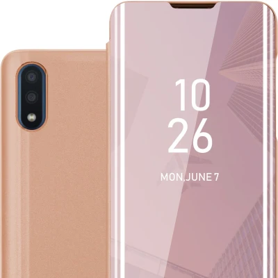 Afbeelding van Cadorabo Hoesje geschikt voor Samsung Galaxy A01 in KUNZIET ROZE Clear View Spiegel Beschermende Case met Tribunefunctie 360 Graden Bescherming Book Cover Etui