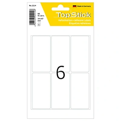 Afbeelding van TopStick 2214 90 stuks multifunctionele etiketten, 34 x 67 mm, 6 per vel, zelfklevend, voor thuis, mat, wit, papier