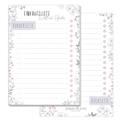 Afbeelding van paper&amp;you® notitieblok A6 boodschappenlijstje [bloemen] met 50 afneembare vellen voor leuk winkelen klimaatvriendelijk en duurzaam