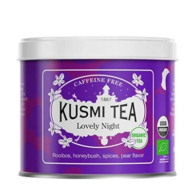 Image de Kusmi Tea Lovely Night Infusion Bio Mélange de Plantes et Épices Saveur Poire Tilleul, Verveine Rooibos sans Théine Boîte Thé Métal 100g Quantité pour environ 50 Tasses