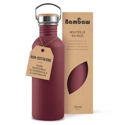 Afbeelding van Bambaw® Waterfles 750 ml Enkelwandige drinkfles RVS Niet Geïsoleerd Lekvrij, en Plasticvrij met Bamboe Dop Drinkbus Volwassenen Perfect voor Reizen, Werk, Yoga, Wandelen Dagelijks Gebruik Drinkflessen rood