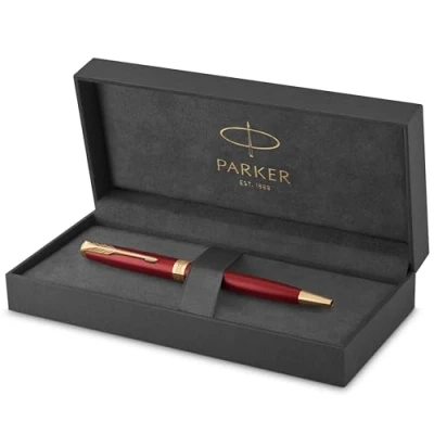 Image de Parker Sonnet stylo bille luxe rouge intense avec attributs or pointe moyenne encre noir coffret cadeau