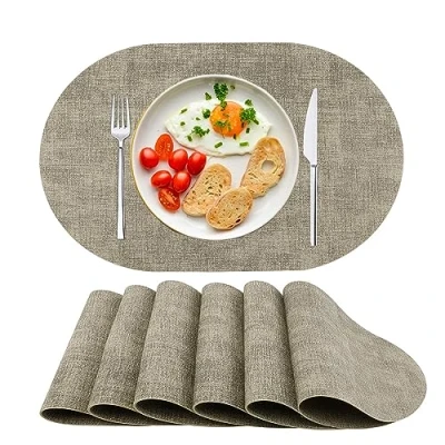 Afbeelding van Set van 6 wasbare placemats kunstleer, hittebestendig, antislip, voor eettafel, keuken, ovaal, beige