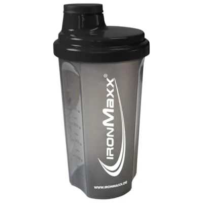 Image de IronMaxx Shaker à protéines Noir Transparent 700 ml avec bouchon rotatif, passoire &amp; échelle de mesure anti fuite, lavable au lave vaisselle sans plastifiant BPA DEHP