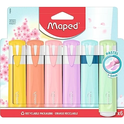Afbeelding van Maped 6 Fluo&#039;Peps Pastel + Glitter markeerstiften afgeschuinde punt Langdurige School en professioneel gebruik 4 pastelmarkeerstiften 2 met glitter, stuks