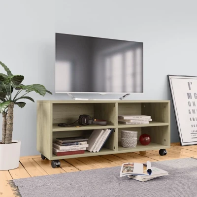 Afbeelding van Tv meubel met wieltjes 90x35x35 cm spaanplaat sonoma eikenkleur