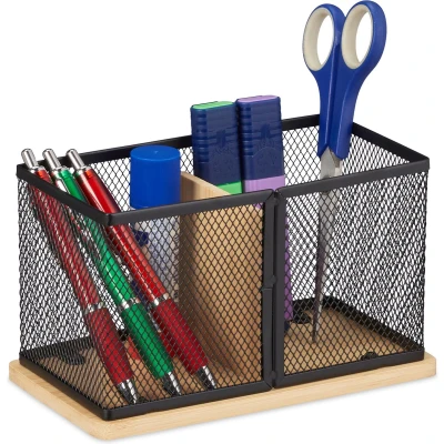 Afbeelding van Relaxdays pennenbak metaal bamboe 2 vakken pennen organizer bureau 11 x 19 10 cm