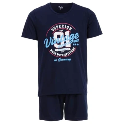 Afbeelding van Henry Terre Paul Vintage korte pyjama voor heren, katoen, maat M tot 5XL, marineblauw, Navy Blauw