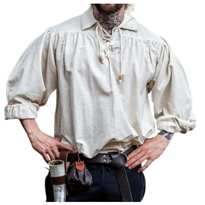 Afbeelding van Leonardo Carbone® Artur piratenhemd met kraag middeleeuwse kleding, middeleeuws overhemd voor heren, LARP festivaloutfit piratenkostuum, vrijetijdshemden mouwen, Natuurlijk.