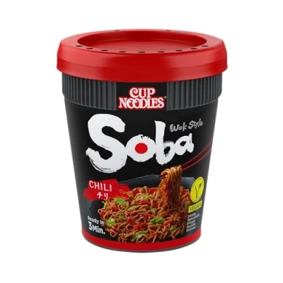 Image de Soba Nissin Cup Noodles Piment, 1 pain, wok style nouilles instantanées de type japonais, gousses et légumes, préparé rapidement dans un gobelet, nourriture asiatique (92 g)