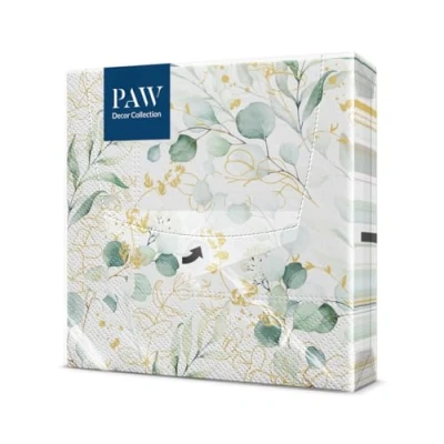 Afbeelding van PAW Papieren servetten, 3 laags (33 x 33 cm), 20 stuks, perfect voor verjaardagen, feesten, bruiloften, kommunion en vieringen, tafeldecoratie Eucaliptus goudkleurig