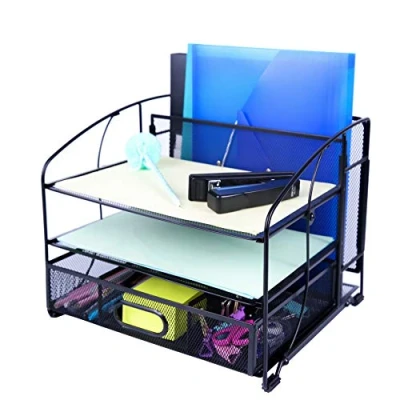Afbeelding van EXERZ Bureau organizer van mesh met 3 trays, uittrekbare lade en documentenhouder om op te hangen, papiersorteerder, verticale sectie voor kantoor thuis, multifunctioneel, zwart