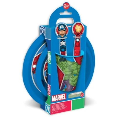 Afbeelding van Marvel Havermoutset, 5 delig, rood en blauw, kunststof, Avengers Hulk Iron Man Captain America Thor, glazen borden, bestek
