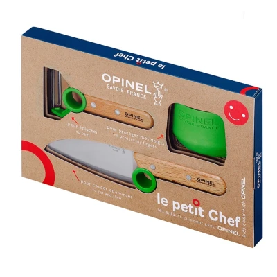 Afbeelding van Opinel Le Petit Chef Kinderkeukensetje Groen 3 delig Koksmes, Vingerbeschermer en Dunschiller
