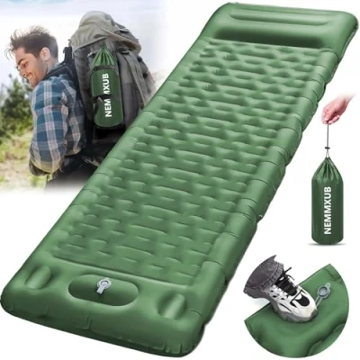 Afbeelding van NEMMXUB ultralichte opblaasbare campingmat, met kussen, matras, 1 zits, zelfopblazend campingmatras, slaapmat voetpomp