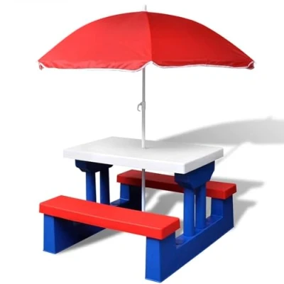 Afbeelding van COIL Tuinmeubilair voor kinderen, kindertafel buiten, met parasol, set zitplaatsen veelzijdige kinderstoelen, picknicktafel kinderen (blauw)