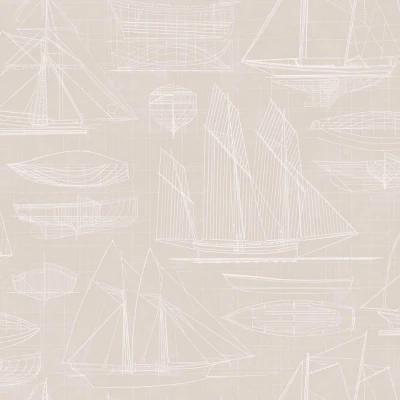 Afbeelding van Deauville Geschetste Schepen Behang Vliesbehang Muurdecoratie Beige 0,53 x 10,05 M.