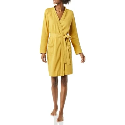 Image de Amazon Essentials Peignoir mi long léger gaufré pour femme (disponible en grande taille) jaune moutarde (taille S)