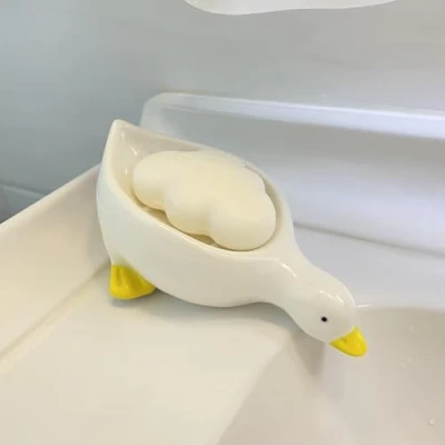 Afbeelding van HeaHap Keramische leuke eend zeepbakje, zelfdragende zeephouder voor douche, badkamer, badkuip, keuken, wastafel, keramiek, dienblad houder