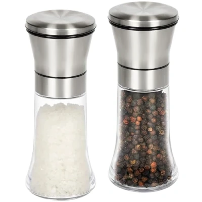 Afbeelding van Belle Vous Set van 2 chroomzout en pepermolens keramische slijpmachines met verstelbare grofheid gemakkelijk schoon te maken, navulbare keukenshakers voor zeezout peper glazen behuizing