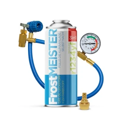 Afbeelding van FrostMEISTER 3 in 1 auto airconditioning navulset (1 x 400 ml slang met manometer en adapter) vervanging van koelmiddel, compressorolie afdichtmiddel voor R1234yf