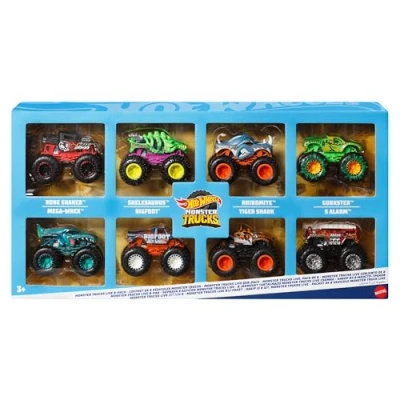 Afbeelding van Hot Wheels Monster Trucks 8 stuks 1:64 schaal Die Cast vrachtwagens met helden en meest geliefde personages uit Live Youtube Kids, speelgoed voor kinderen van 3 jaar, JCW76
