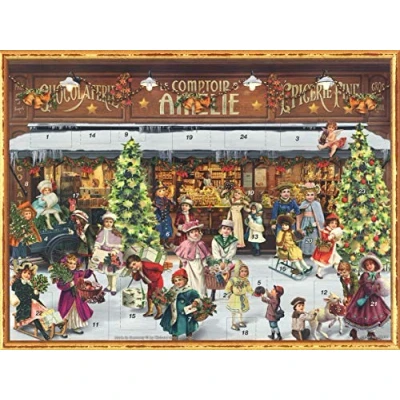 Afbeelding van Nostalgische adventskalender van papier met afbeeldingen en glitter, voor kinderen volwassenen, &quot;Victoriaanse winkel&quot;