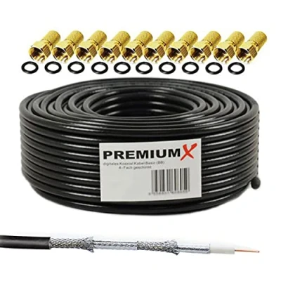 Afbeelding van Premium X BASIC coaxkabel 25m zwart 135dB viervoudig afgeschermd CCS SAT TV satelliet antennekabel 10x F stekker