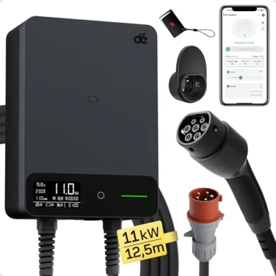 Afbeelding van dé Chargeur de voiture électrique 11 kW [6 16A, 3 phases] EV 11kW avec câble type 2 12 m, RFID, protection RCD B et IP54, Wallbox compatible modèle Y/3, ID.3/4/5, MG4