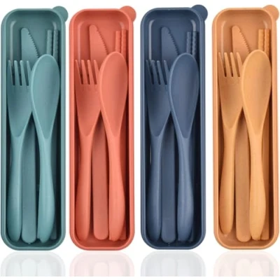 Afbeelding van Reisbestek, set met etui, draagbaar bestek van kunststof, herbruikbaar, mes, vork, lepel, eetstokjes, campingbenodigdheden (4 sets)