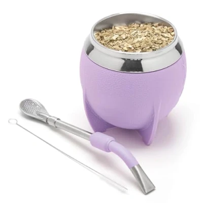 Afbeelding van BALIBETOV Mok en Bombilla Yerba Mate set, bevat een kalebas van roestvrij staal, premium kwaliteit reinigingsborstel (lila)