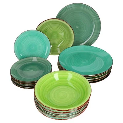 Afbeelding van MamboCat Green 18 delige bordenset, groen aardewerk, robuust servies van voor 6 personen, platte borden, soepborden, kleine taartborden, delig