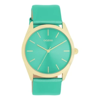 Afbeelding van Goudkleurige OOZOO horloge met aqua groene leren band C11339