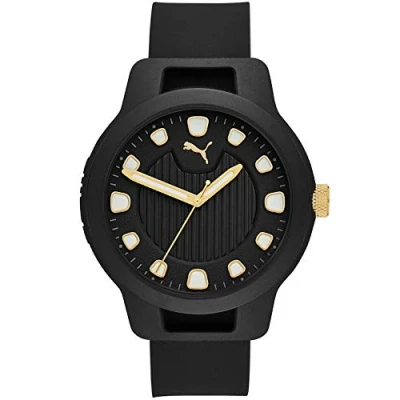 Afbeelding van Puma Reset Watch voor heren, kwartsuurwerk met PU armband, siliconen, leer of roestvrij staal, Zwart en gouden toon, Band