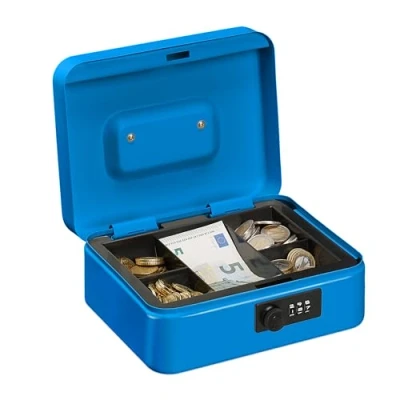 Afbeelding van Relaxdays geldkistje met cijferslot 3 cijferige code bakje voor munten metaal 8,5 x 20 17 cm blauw