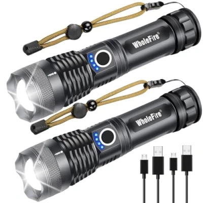Afbeelding van WholeFire XHP50 Led zaklamp met hoge helderheid, 4000 lm, 5 modi, oplaadbaar, USB, zaklamp, waterdicht, zoombaar, batterijvermogensindicator, 2 stuks
